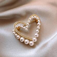 1枚優雅的人造珍珠鑲嵌心形胸針,適用於女性約會禮物 - 金色 - 查看 3