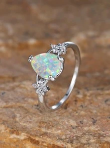 1入組復古合成纖維蛋白石水鑽裝飾戒指適合女士適用於約會禮物 - 銀色 - 查看 3