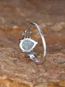 1入組復古合成纖維蛋白石水鑽裝飾戒指適合女士適用於約會禮物 - 銀色 - 查看 2