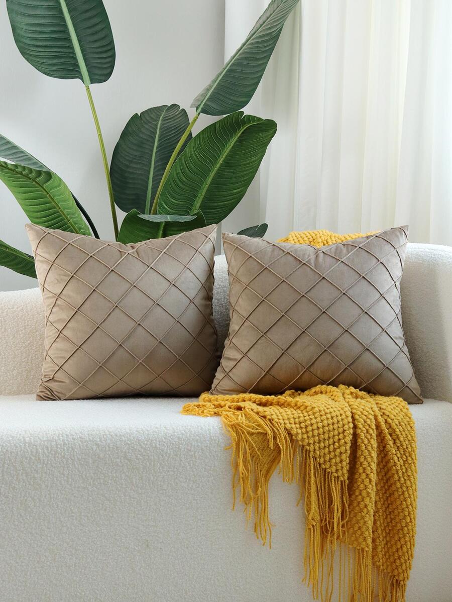 1入組絲絨鑽石有圖案手工百褶枕套,卡其色 - 卡其色 - 查看 1