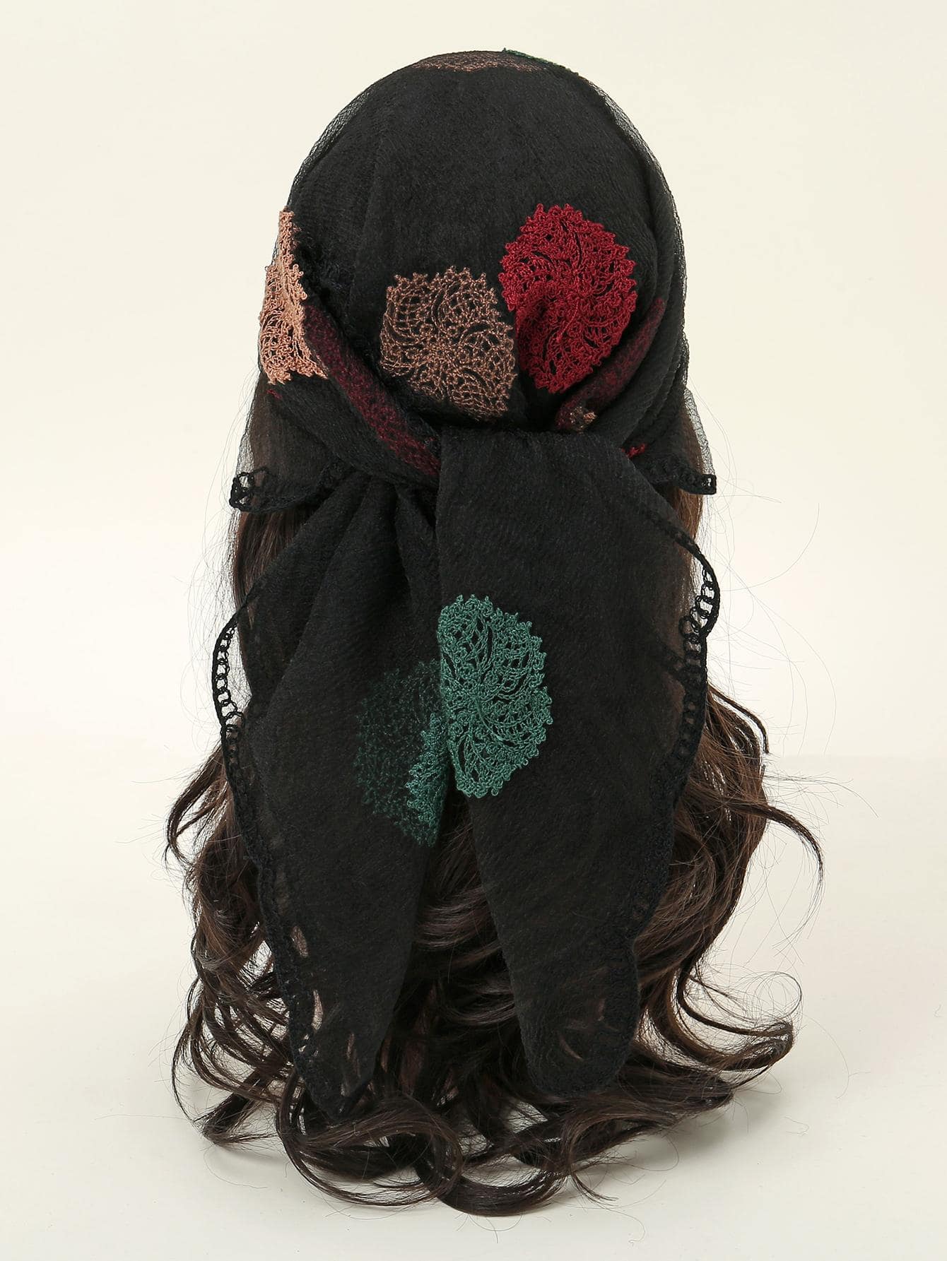 1 chiếc khăn quàng cổ thêu hoa thời trang giản dị dành cho nữ, thích hợp để mặc hàng ngày - màu đen - Xem 1