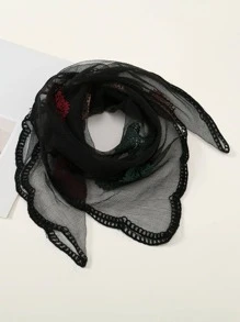 1 chiếc khăn quàng cổ thêu hoa thời trang giản dị dành cho nữ, thích hợp để mặc hàng ngày - màu đen - Xem 4