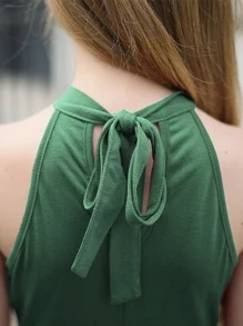 Girls Solid Halter Neck A-line Dress - Army Green - View 6