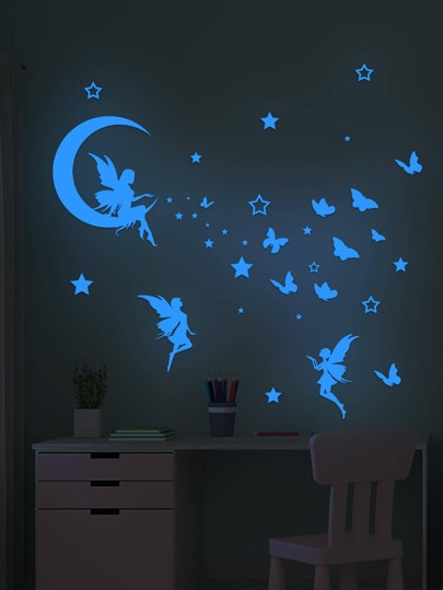 1pc PVC Wall Sticker, Fashionable Moon & Fairy Pattern Glow In The Dark Wall Decal For Home Decoration, Renovation Stickers Peel Wall Panels, Wall Paper, Wallpapers, Spring Decoration Items Refresh Your Home, Rama Decoration Stickers