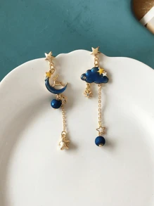 Star & Moon Mismatched Drop Earrings - Multicolor - View 2