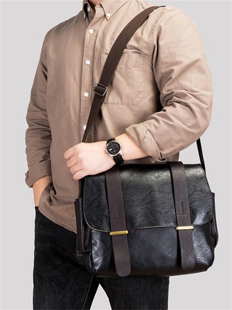 多功能金屬裝飾斜挎包翻蓋黑色，送給父親禮物單肩包吊帶包休閒包斜挎包高中生大學生新生