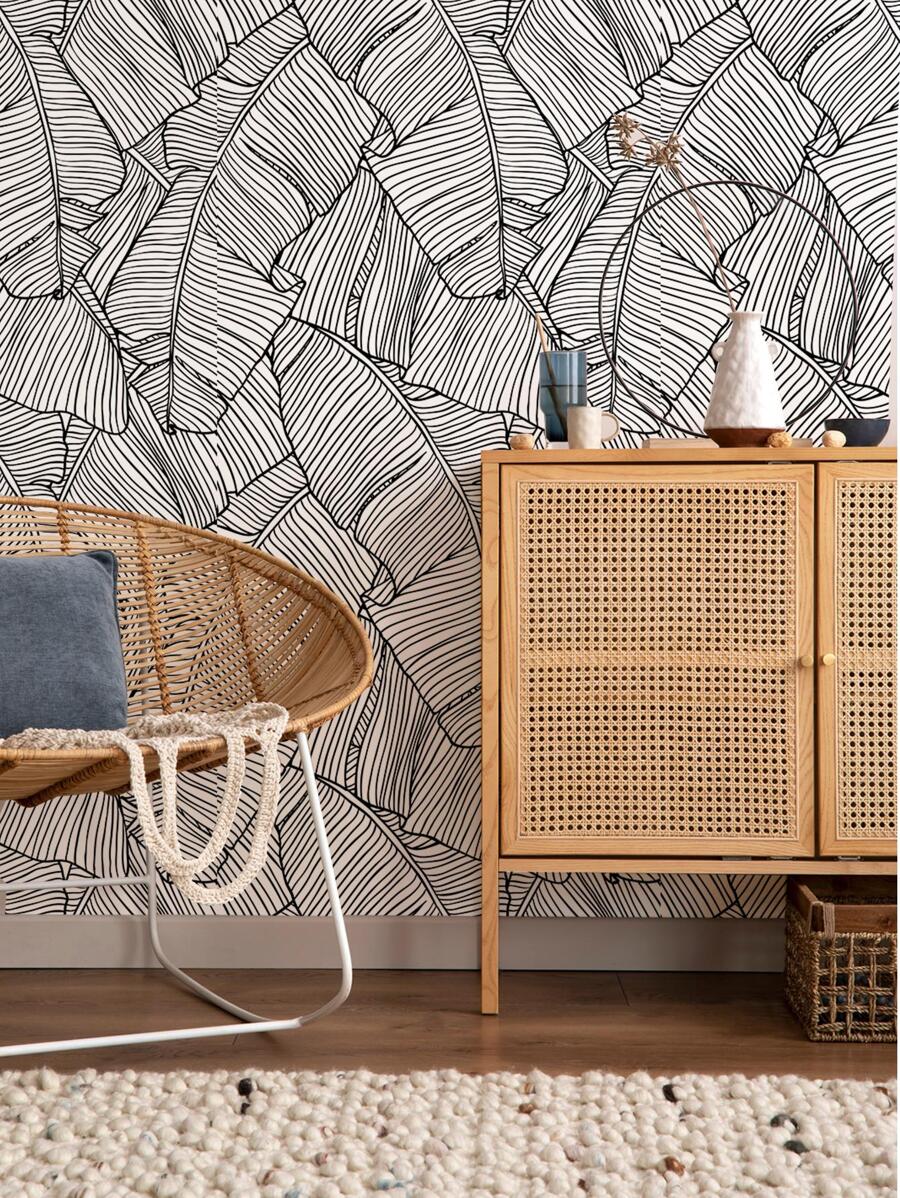 1 Rollo de papel tapiz autoadhesivo a prueba de humedad con impresión en blanco y negro de hojas de plátano estilo boceto, de grosor reforzado, para decoración del hogar, con dibujos de hojas de acuarela, removible, en 3 tamaños a elegir: 15.75X47.24/118.11/196.85 pulgadas, para renovar paneles de pared, papel tapiz, decoración primaveral para refrescar su hogar, pegatinas de decoración de ramas - Blanco y Negro - Ver 1