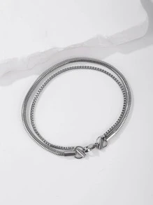 1pc Simple Hip-Hop Style Double Layered Bracelet, Circular Snake Bone Chain, Box Chain, Men's Stainless Steel Folding Jewelry - Silver - View 1