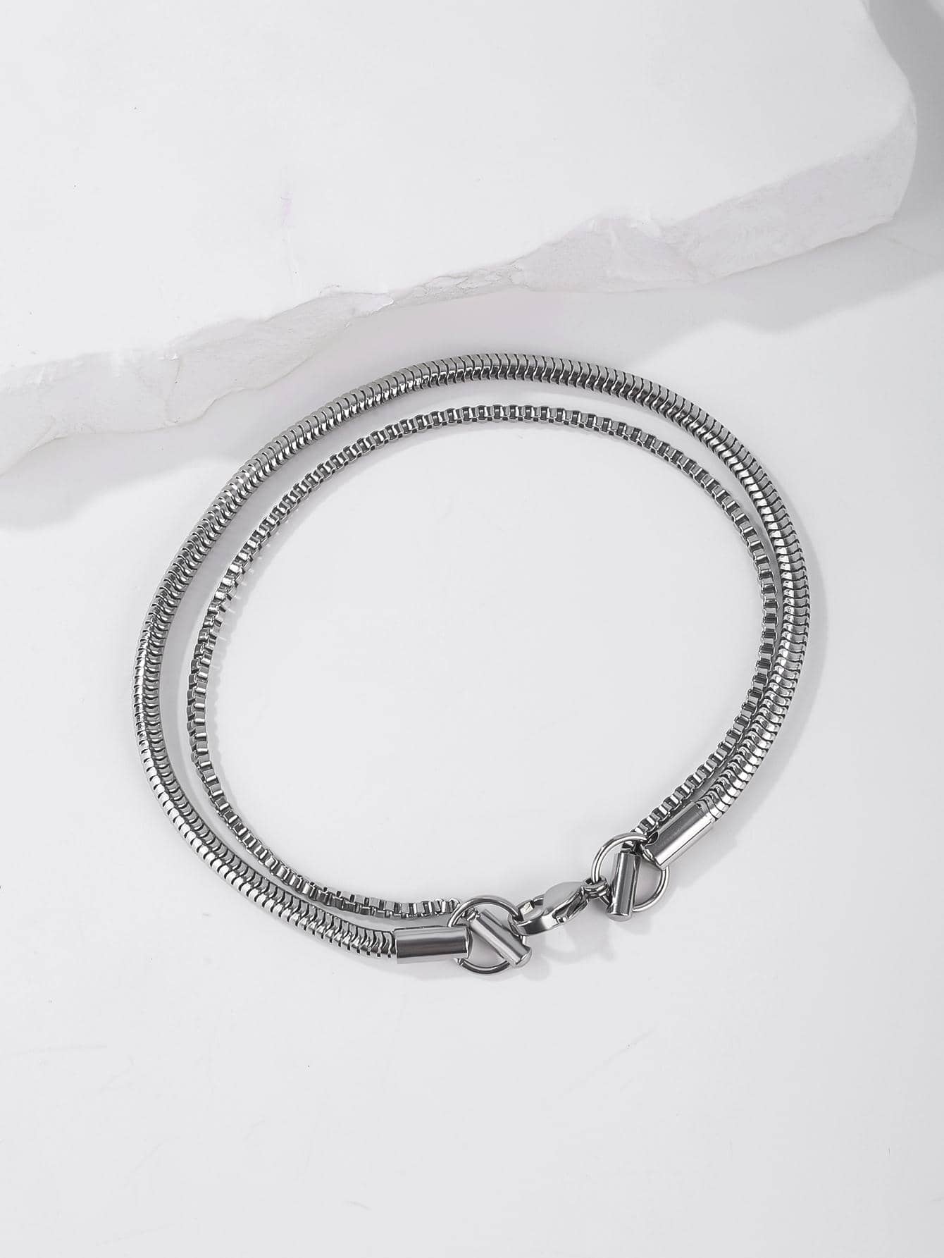 1pc Simple Hip-Hop Style Double Layered Bracelet, Circular Snake Bone Chain, Box Chain, Men's Stainless Steel Folding Jewelry - Silver - View 1