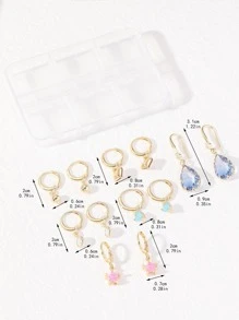 12入組/套迷人方晶鋯石裝飾吊式耳環套裝女士適合派對，精緻情人節禮物 - 金黃色 - 查看 4