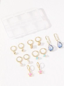 12入組/套迷人方晶鋯石裝飾吊式耳環套裝女士適合派對，精緻情人節禮物 - 金黃色 - 查看 2