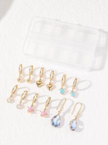 12入組/套迷人方晶鋯石裝飾吊式耳環套裝女士適合派對，精緻情人節禮物 - 金黃色 - 查看 1