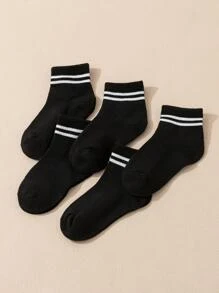 5双装儿童纯棉黑色双条纹薄款运动休闲短袜 - 黑色 - 查看 3