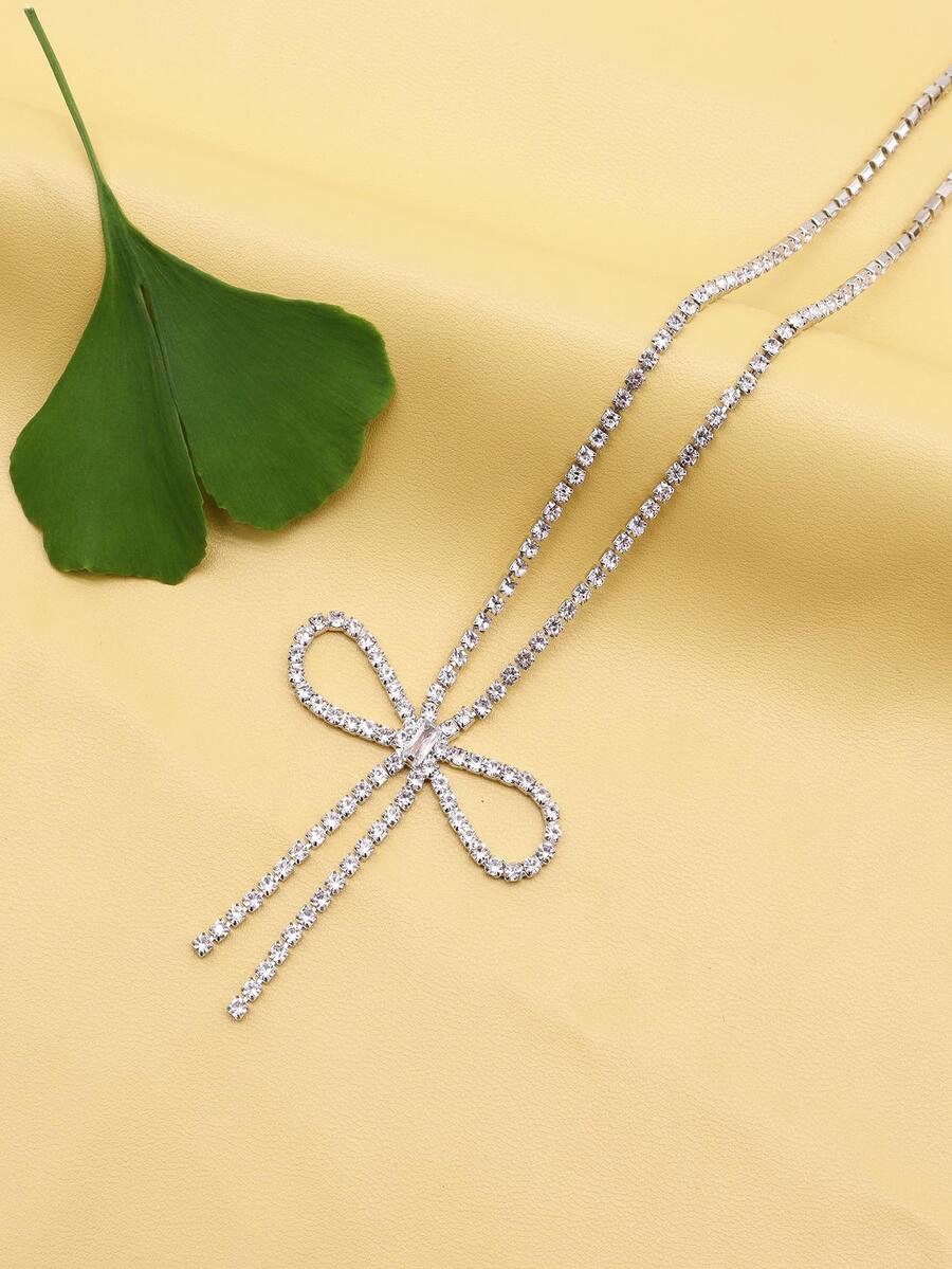 水鑽蝴蝶結吊墜項鏈 - 銀色 - 查看 1