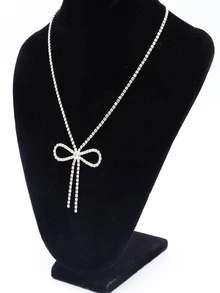 水鑽蝴蝶結吊墜項鏈 - 銀色 - 查看 2