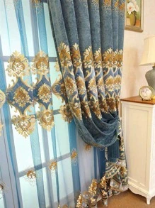 1 tấm rèm che nắng thêu họa tiết nhung dày sang trọng phong cách Châu Âu dành cho phòng khách, phòng ngủ, phòng người cao tuổi, chỉ bán rèm, không bao gồm phụ kiện rèm - Màu xanh lam - Xem 3