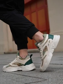 Sporty Sneakers For Men, Graphic Pattern Lace-up Front Chunky Sneakers - Beige - View 5