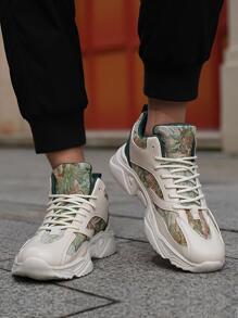 Sporty Sneakers For Men, Graphic Pattern Lace-up Front Chunky Sneakers - Beige - View 4