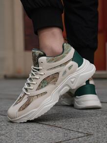 Sporty Sneakers For Men, Graphic Pattern Lace-up Front Chunky Sneakers - Beige - View 6