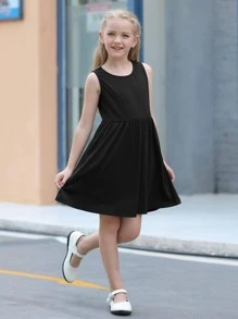 Girls Solid Smock Dress - Black - View 4