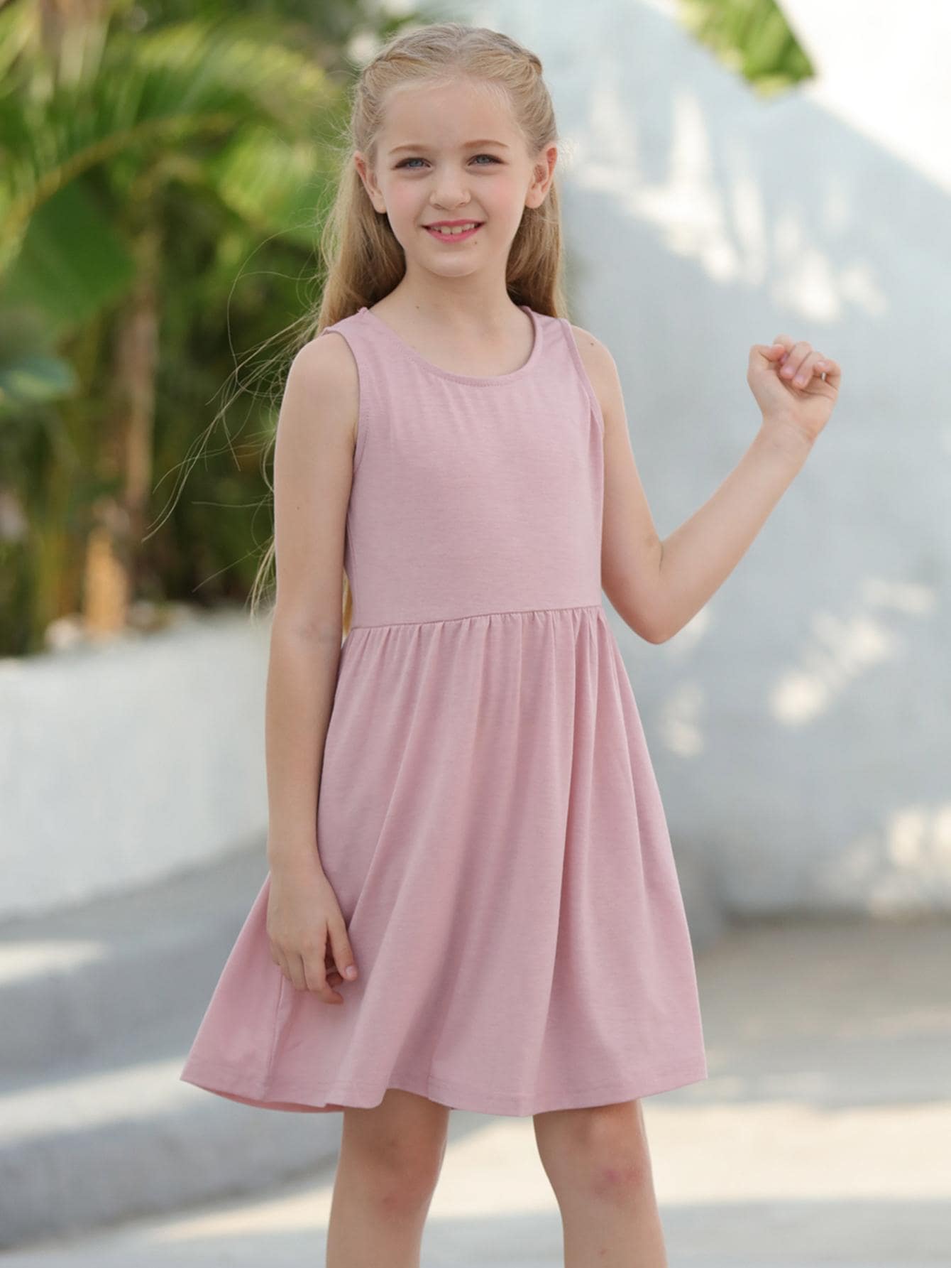 Girls Solid Smock Dress - Dusty Pink - View 1
