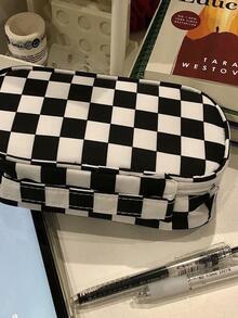 1pc Plaid Pattern Pencil Bag, Simple Multi-purpose Large Capacity Office Stationery Organizer For School Student - Black and White - View 2