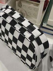 1pc Plaid Pattern Pencil Bag, Simple Multi-purpose Large Capacity Office Stationery Organizer For School Student - Black and White - View 5