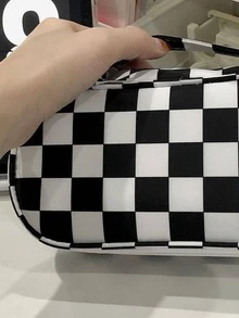 1pc Plaid Pattern Pencil Bag, Simple Multi-purpose Large Capacity Office Stationery Organizer For School Student - Black and White - View 3