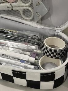 1pc Plaid Pattern Pencil Bag, Simple Multi-purpose Large Capacity Office Stationery Organizer For School Student - Black and White - View 4