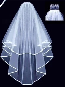 1 件女士纯色多层优雅新娘面纱，适合女士派对秋季服装 - 白色 - 查看 2