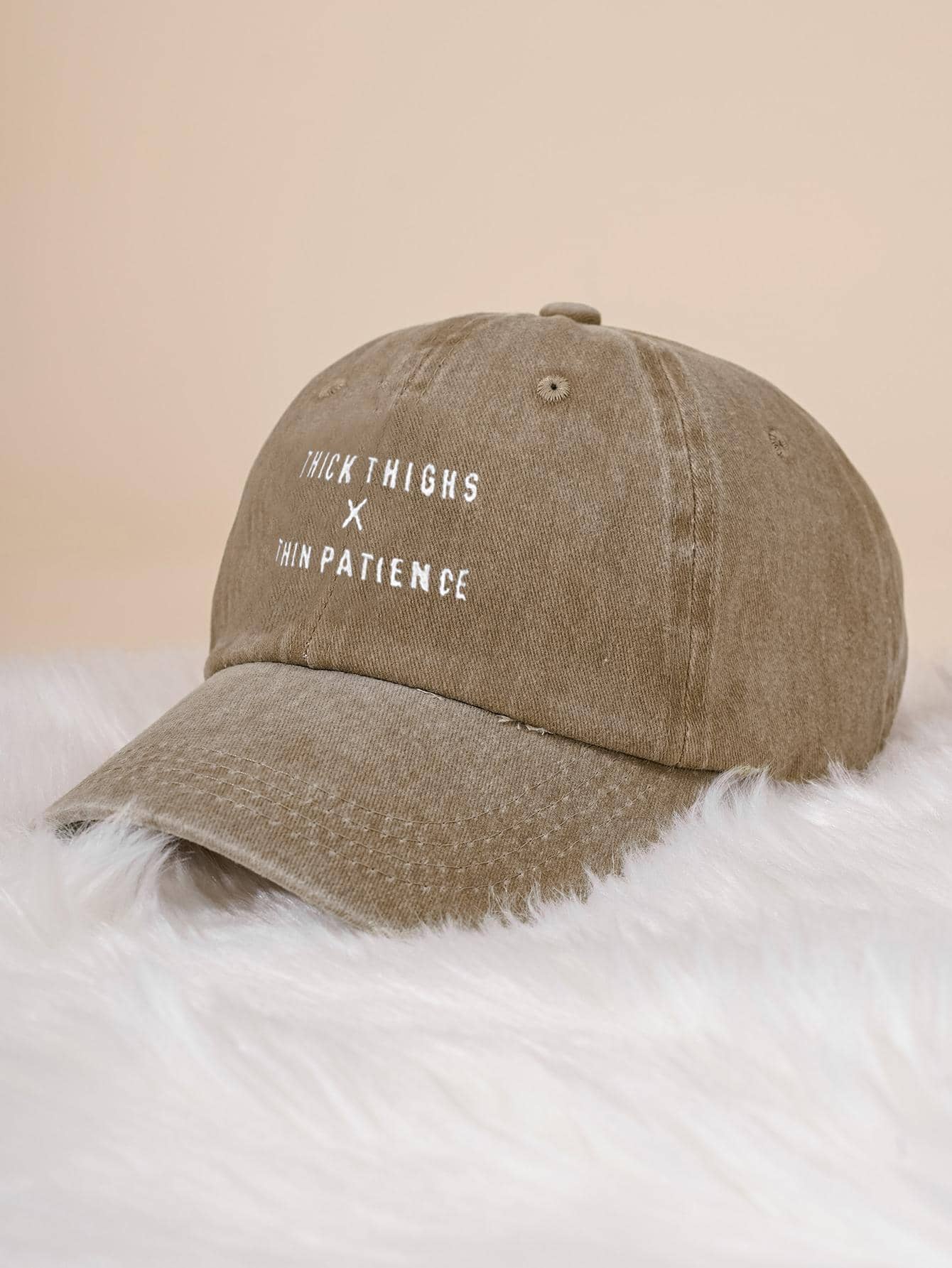 1pc Unisex Embroidered THICK THIGHSX THIN PATIENCE Washed Baseball Cap, Outdoor Adjustable Leisure Hat - Khaki - View 1