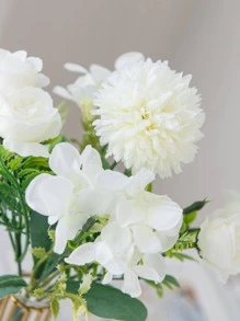 1/3束仿真丝茶玫瑰和菊花花束，假花植物，适用于新娘捧花、婚礼装饰、DIY花环、家居装饰、餐厅、卧室、花瓶填充、生日派对、新年、情人节、毕业礼物、秋季装饰 - 白色 - 查看 3