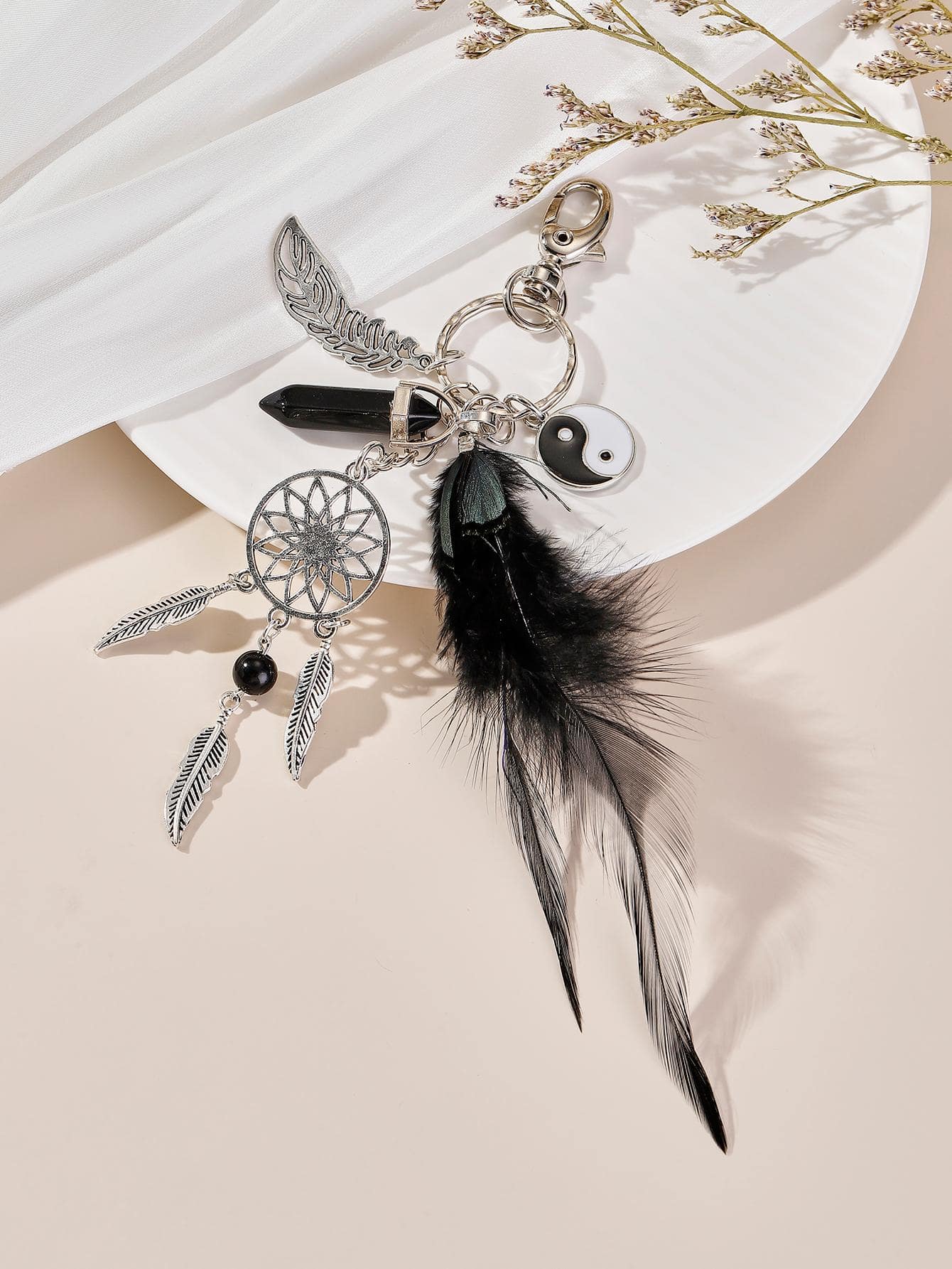 1入組女士羽毛圖案和捕夢網吊墜時尚鑰匙扣適用於禮品 - 彩色 - 查看 1