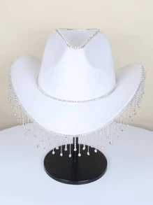 1入組女式水鑽流蘇牛仔軟呢帽，適合派對 - 白色 - 查看 4