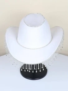 1入組女式水鑽流蘇牛仔軟呢帽，適合派對 - 白色 - 查看 5