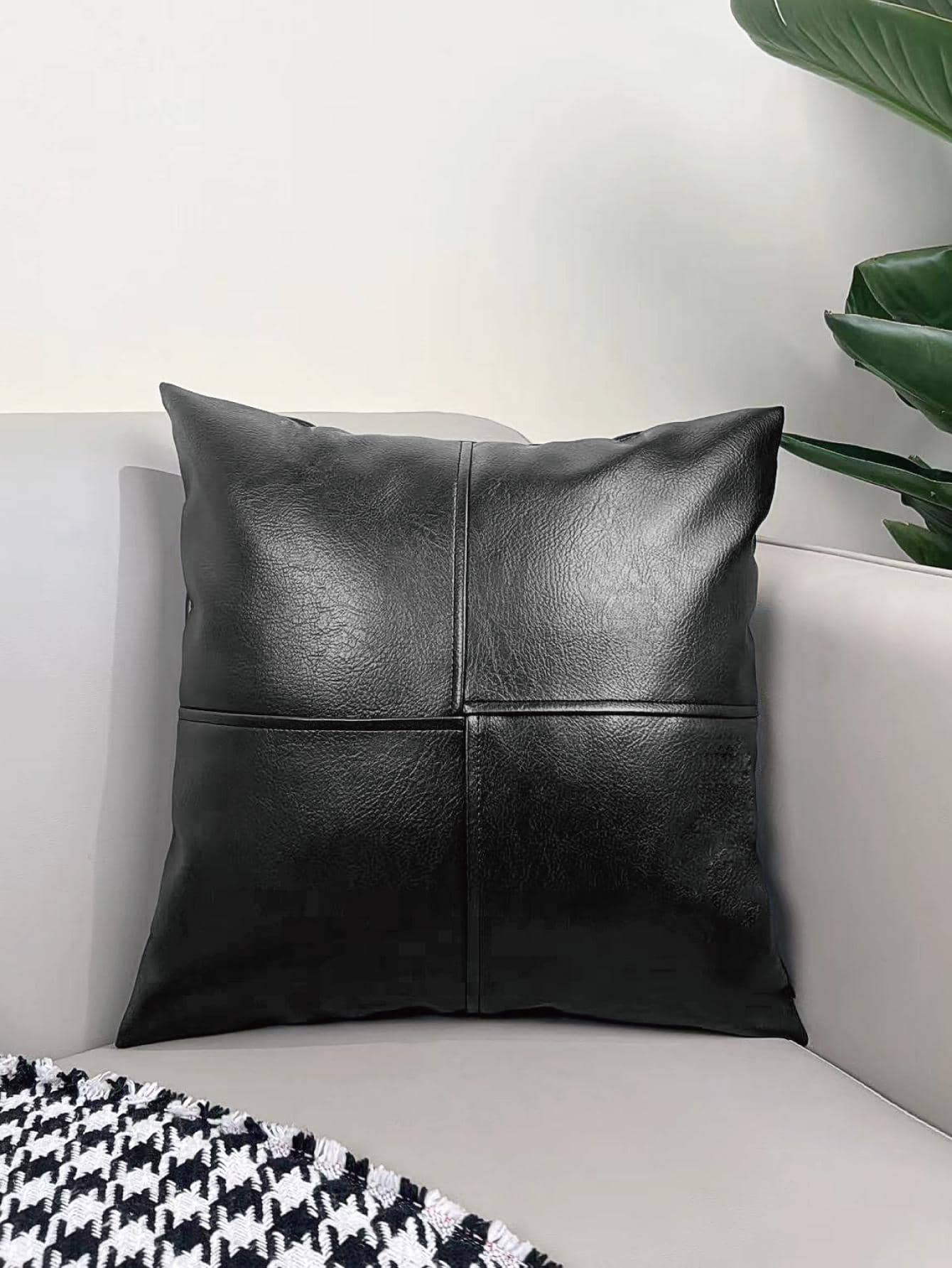 無填充物素色靠墊套，現代素色PU裝飾抱枕套適用於客廳和臥室 - 黑色 - 查看 1
