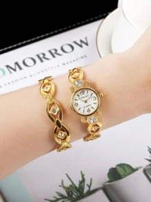 1 chiếc đồng hồ đeo tay thạch anh hình tròn trang trí kim cương giả & 1 chiếc vòng tay - trắng - Xem 1