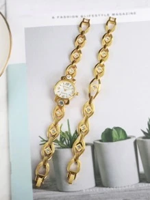 1 chiếc đồng hồ đeo tay thạch anh hình tròn trang trí kim cương giả & 1 chiếc vòng tay - trắng - Xem 2