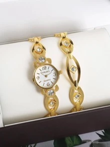 1 chiếc đồng hồ đeo tay thạch anh hình tròn trang trí kim cương giả & 1 chiếc vòng tay - trắng - Xem 5