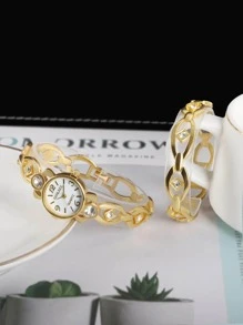 1 chiếc đồng hồ đeo tay thạch anh hình tròn trang trí kim cương giả & 1 chiếc vòng tay - trắng - Xem 6
