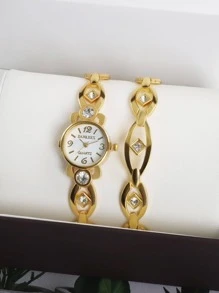 1 chiếc đồng hồ đeo tay thạch anh hình tròn trang trí kim cương giả & 1 chiếc vòng tay - trắng - Xem 7
