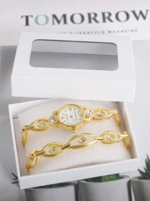 1 chiếc đồng hồ đeo tay thạch anh hình tròn trang trí kim cương giả & 1 chiếc vòng tay - trắng - Xem 8