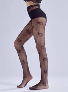 1對女式心形圖案休閒漁網褲襪，夏季 - 黑色 - 查看 3