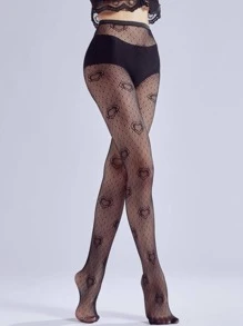 1對女式心形圖案休閒漁網褲襪，夏季 - 黑色 - 查看 6