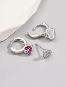 3 件套方晶锆石心形装饰耳环情人节 - 銀色 - 查看 4