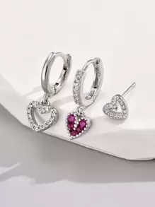 3 件套方晶锆石心形装饰耳环情人节 - 銀色 - 查看 3