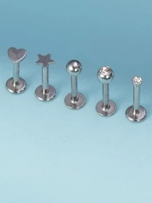 Bộ 5 chiếc nhẫn môi thiết kế hình trái tim và ngôi sao tối giản dành cho phụ nữ dùng làm phụ kiện trang sức hàng ngày cho ngày lễ tình nhân - Bạc - Xem 3