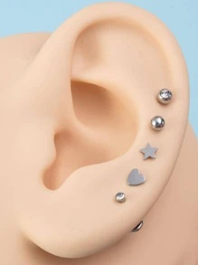 Bộ 5 chiếc nhẫn môi thiết kế hình trái tim và ngôi sao tối giản dành cho phụ nữ dùng làm phụ kiện trang sức hàng ngày cho ngày lễ tình nhân - Bạc - Xem 4