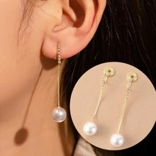 1對優雅水鑽珍珠懸垂耳夾適合女士日常裝飾情人節禮品 - 金色 - 查看 1