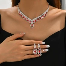 Vòng cổ trang trí đá rhinestone & Bông tai thả - Đỏ - Xem 1